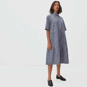 Everlane Tiered Mockneck Dress Small in Ice Blue Plaid